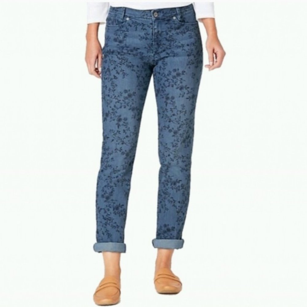J. JILL WEEKENDER STRAIGHT LEG JEANS IN BLUE FLORAL PRINT COTTAGECORE CHIC BASIC